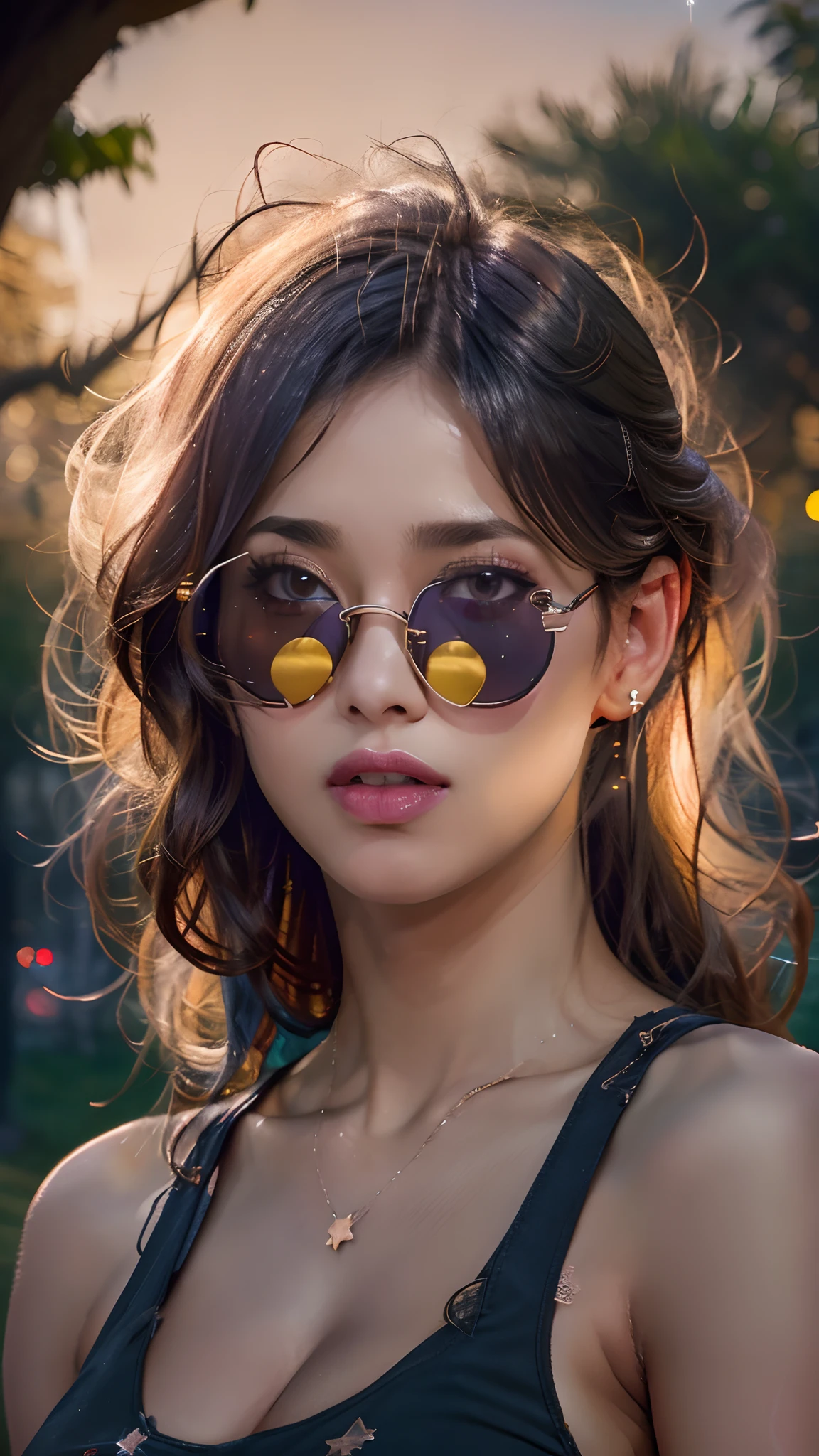 cleavage, Pretty woman, GIVES_Top, Close -up, crop top, detailed face, Top tank corpus luteum, hair, park, sky, trees, pale skin, moonlight, stars, 1girl, Distinctive sunglasses, Big breasts ,young, bright colours, Bokeh background, Subject to confirm,Dramatic colors , He's realistic, Masterpiece, Best Quality, nsfw
