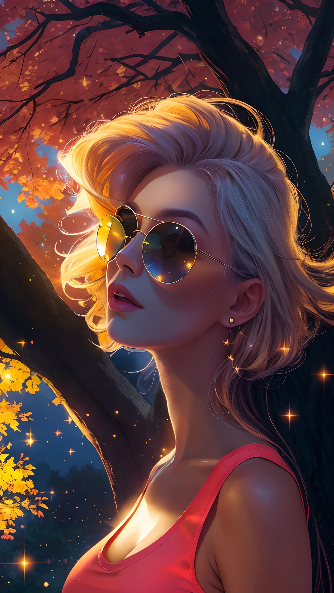cleavage, a beautiful woman, from_above, close-up, crop top, detailed face, yellow bodycon tank top, hair, park, sky, trees, pale skin, moonlight, stars, 1girl, statement sunglasses, big breasts ,, vivid colors, bokeh background, subject for emphasis,dramatic colors , hyperealistic, masterpiece, best quality, nsfw