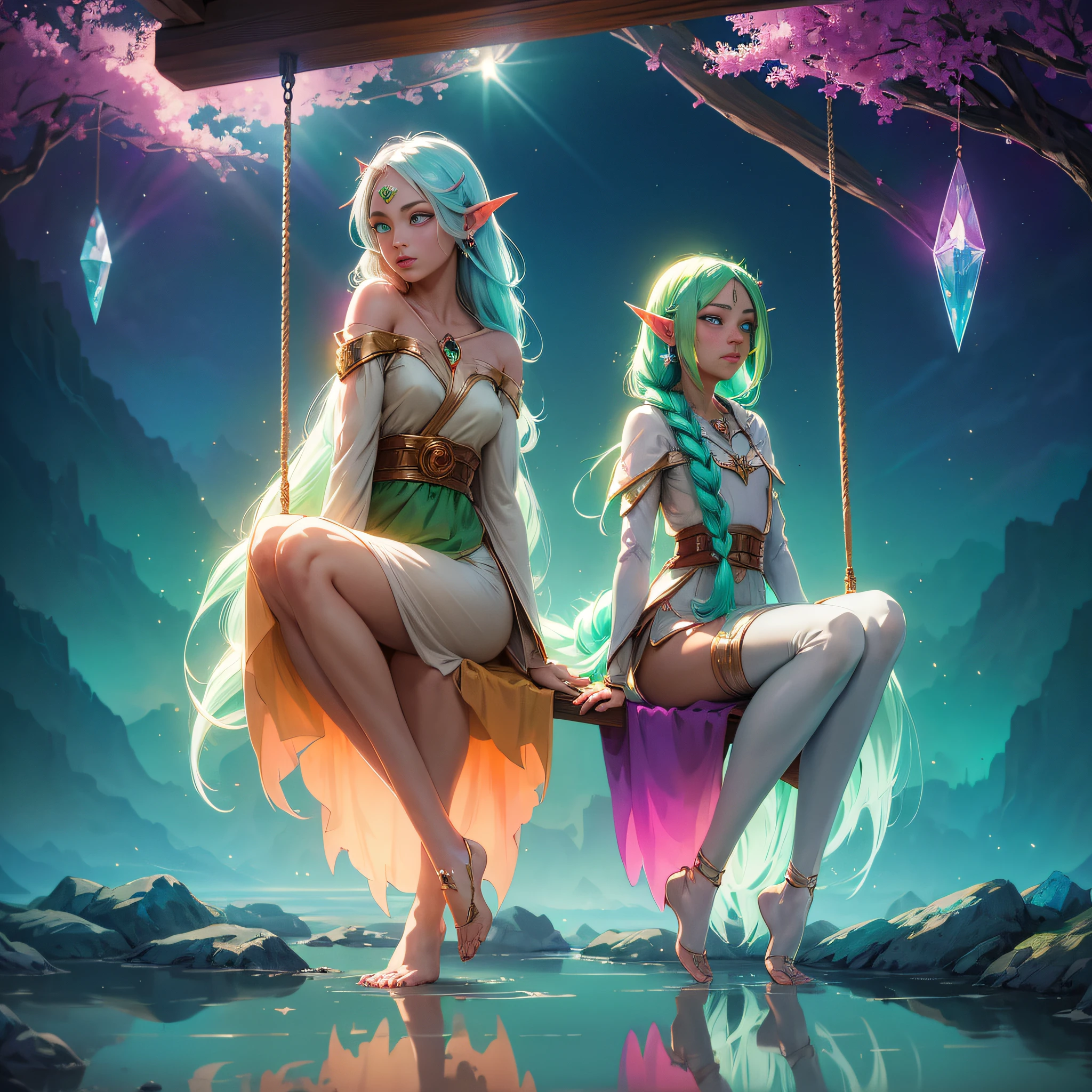 sitting on a swing, CLENCHING HANDS,full body, 1girl, elf ears, elven princess, green hair, gradient hair, long braid hair, dreadlocks, hairclip, hair ornament, jewelry, forehead jewel, hood down, star-shaped pupils, gradient eyes, aqua eyes, pointy ears, crystal earrings, serious, bright pupils, flustered, anime, anime style, anime, anime, sparkle, glowing light, reflection light, vignetting, reference sheet, from side, lens flare, ((masterpiece))