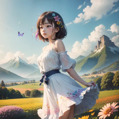 In the morning light，Colorful flowers bloom in the fields，butterfliesdancing，A gentle breeze blows，The leaves rustle，The mountains in the distance loom against the blue sky。