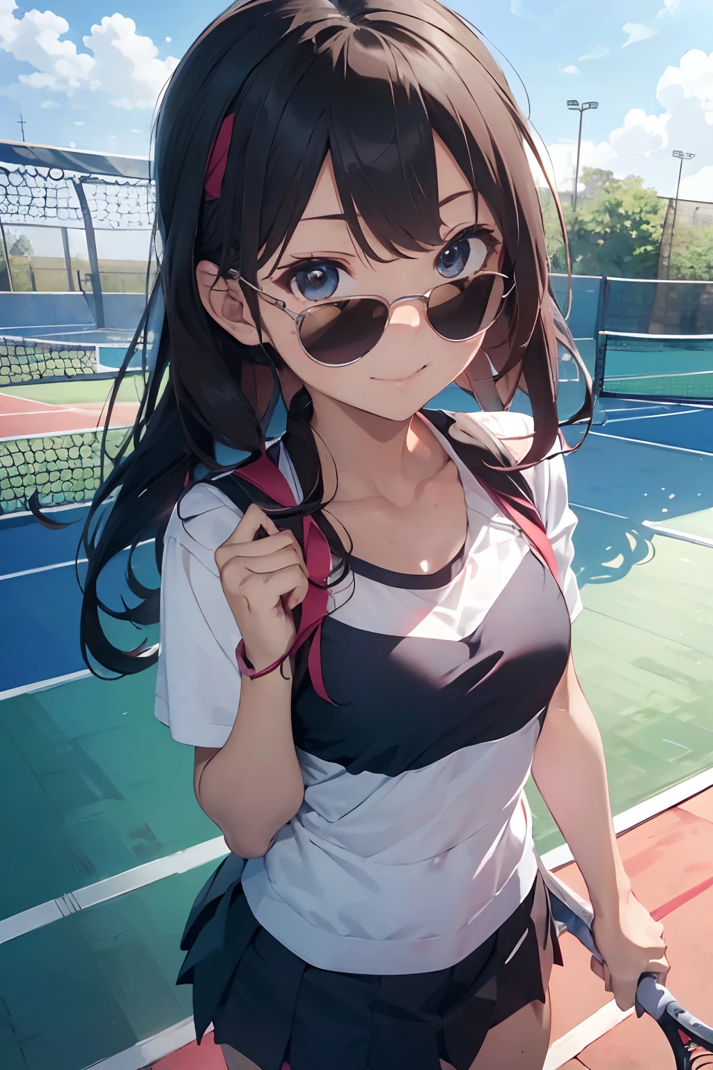 masutepiece, Best Quality, 8K_Wallpaper, (Beautiful eyes), ((Cute)), Cute, (lovely), (Tennis court on a sunny day),1girl in,small tits,1 schoolgirl,Standing next to the car,Smile,facial close-up、portlate(((tennis coat)))(((Tennis Wear)))(((Wearing sunglasses)))