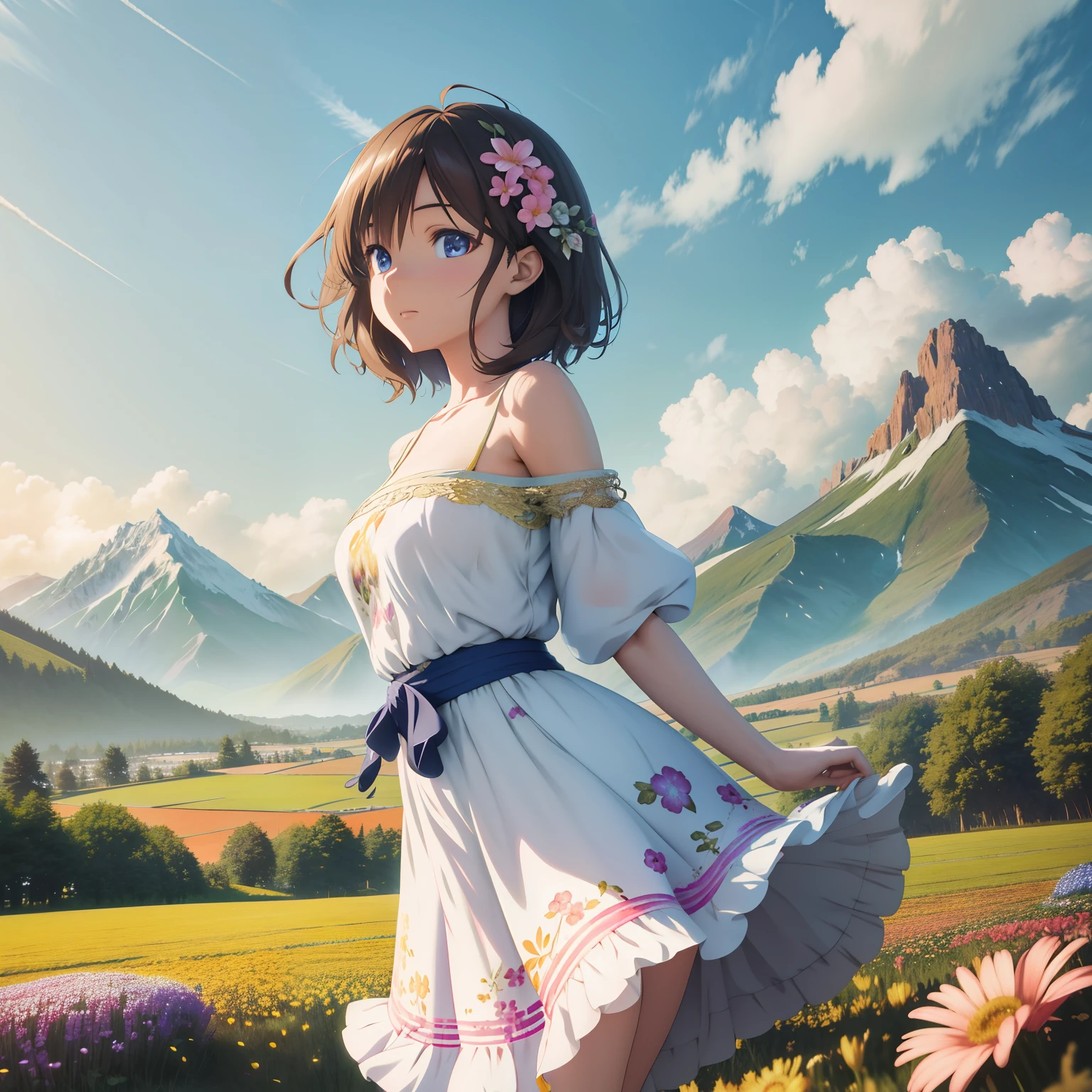 Anime girl in flower field with mountain background, Guviz-style artwork, 2. 5 D CGI anime fantasy artwork, anime styled digital art, Smooth anime CG art, Anime style. 8K, Detailed digital anime art, style of anime4 K, Realistic anime 3 D style, photorealistic anime girl rendering, anime styled 3d