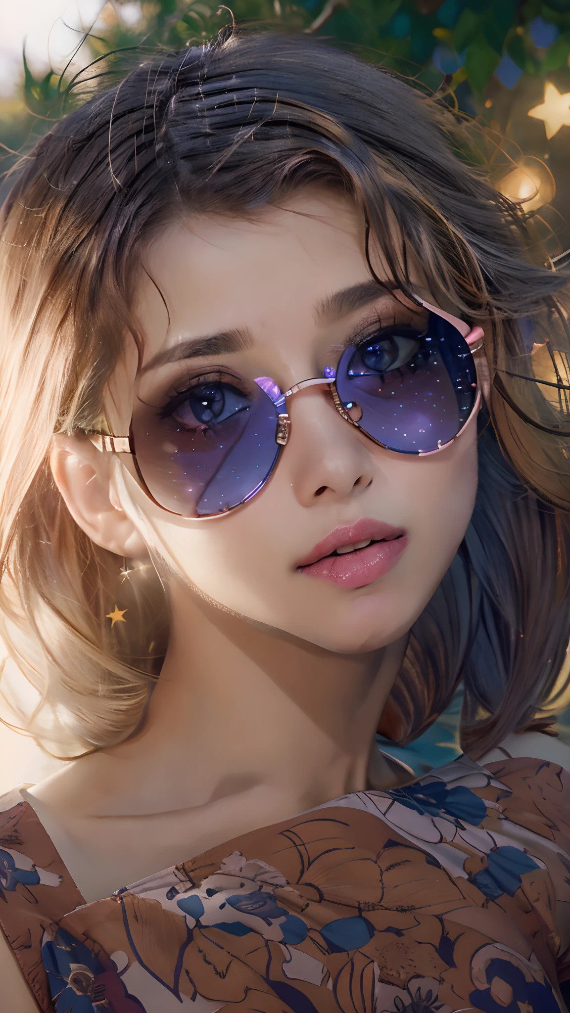 cleavage, Pretty woman, GIVES_top, Close -up, crop top, detailed face, Top tank corpus luteum, hair, park, sky, trees, pale skin, moonlight, stars, 1girl, Distinctive sunglasses, Big breasts ,young, bright colours, Bokeh background, Subject to confirmation,Dramatic colors , It's realistic., Masterpiece, Best Quality, nsfw