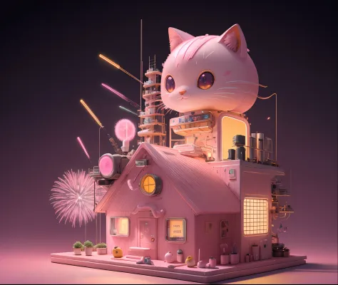 (pink_background:1.5),(full photo,)pink theme,fireworks making Jelly Cat, hd, ultra detailed, realistic, masterpiece,no_humans,science fiction,pink background,white light show