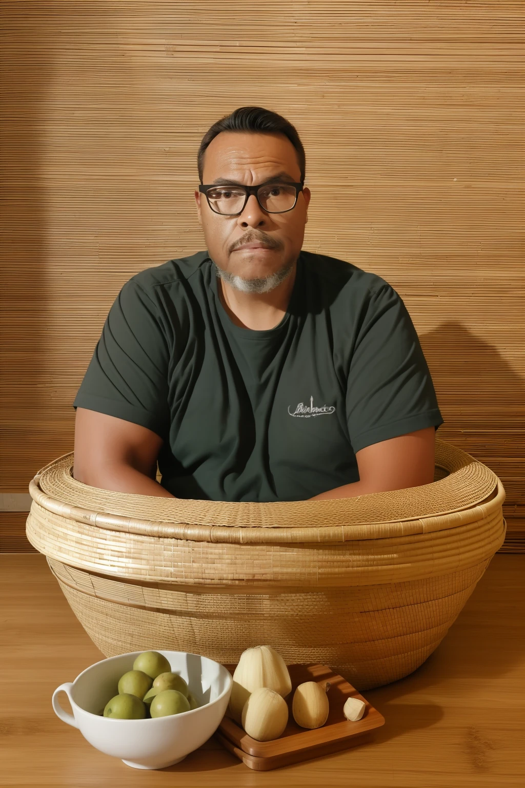 Photographie de studio d'un homme portant des lunettes à l'intérieur d'un panier en paille et en bambou sur une table, (hyperréalisme: 1.3), (Photoréaliste, 8k, UHD: 1.3), (photographie de studio hyper détaillée: 1.2), avec technique clair-obscur