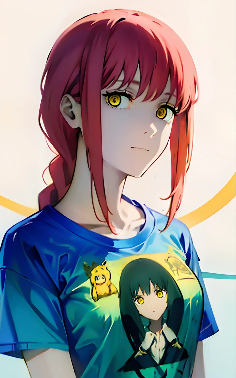 (((​masterpiece))), top-quality, 1girl in, yellow  eyes, ((tshirts)), red hairs, Braided hair, Braiding one, Ring, simple background, Makima, Makima\(Chainsaw Man\), see the beholder, solo, The upper part of the body