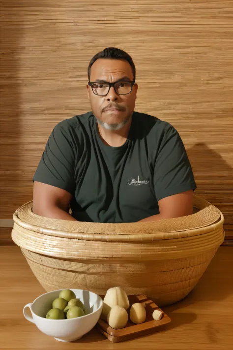 studio photograph of a man wearing glasses inside a basket made of straw and bamboo on top of a table, (hiper-realismo: 1.3), (f...