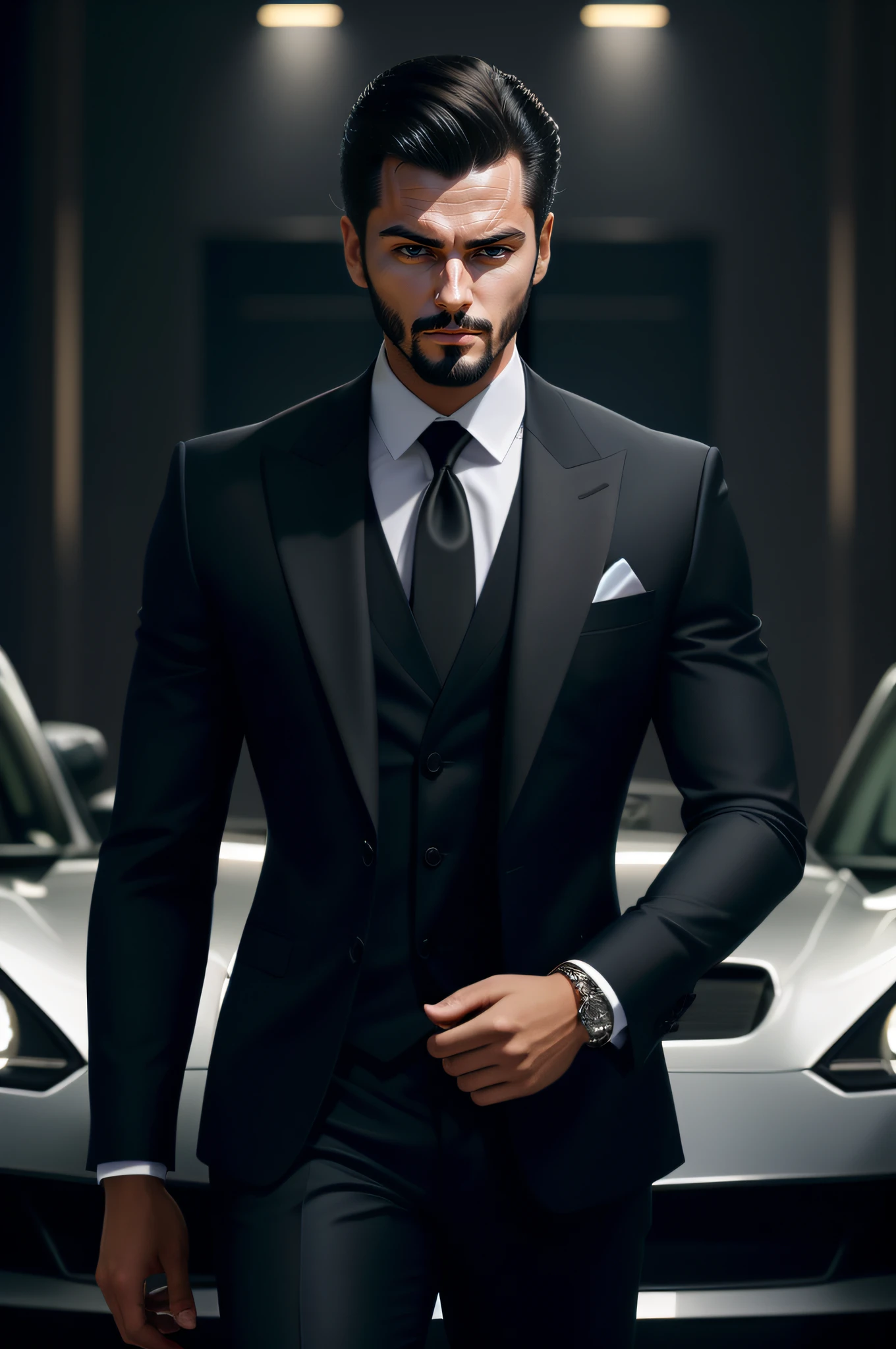 Homem de terno e gravata parado na frente de um carro esportivo, homem no terno preto, terno preto luxuoso, wearing a strict business suit, bonito e elegante, homem bonito, Macho bonito, em terno estrito, vestindo um terno preto, terno elegante, terno intrincado, vestindo terno preto, terno escuro, vestindo um terno masculino elegante, apelo masculino alta moda