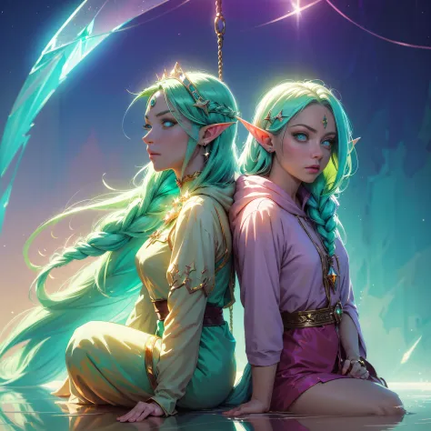 sitting on a swing, clenching hands,full body, 1girl, elf ears, elven princess, green hair, gradient hair, long braid hair, drea...