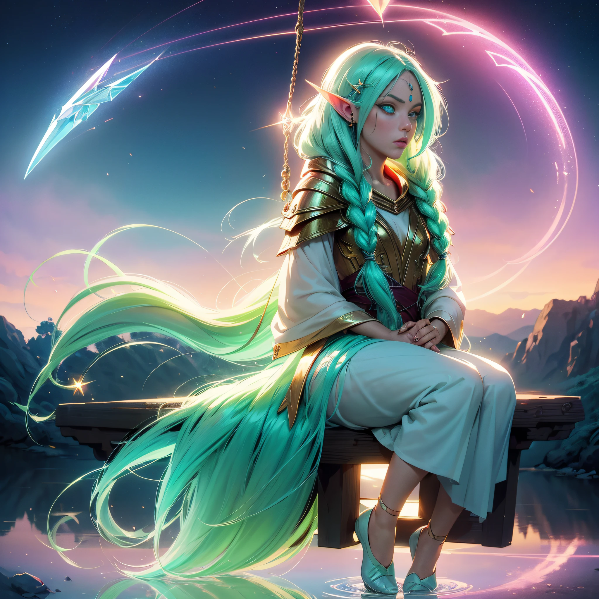 sitting on a swing, CLENCHING HANDS,full body, 1girl, elf ears, elven princess, green hair, gradient hair, long braid hair, dreadlocks, hairclip, hair ornament, jewelry, forehead jewel, hood down, star-shaped pupils, gradient eyes, aqua eyes, pointy ears, crystal earrings, serious, bright pupils, flustered, anime, anime style, anime, anime, sparkle, glowing light, reflection light, vignetting, reference sheet, from side, lens flare, ((masterpiece))