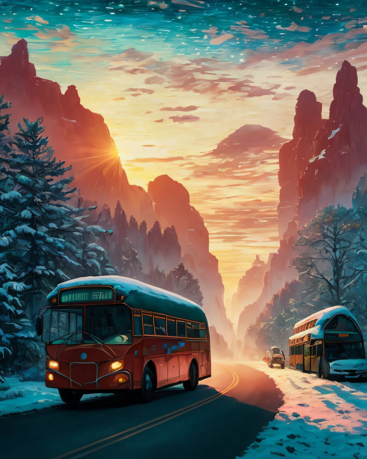 Visualisez une œuvre d&#39;art numérique captivante qui vous emmène dans un voyage en bus vers l&#39;ouest à travers la région des Snowy Mountains de la Nouvelle-Écosse., encapsulé par les couleurs enchanteresses d&#39;un soleil couchant. Le pare-brise du bus devient un miroir pour les fascinantes teintes roses et dorées., projetant une lueur chaleureuse et surréaliste à travers le paysage. Les surfaces métalliques du bus captent cette lumière magique, créant un jeu captivant de couleurs et de textures. Observez pendant que l&#39;autobus frôle doucement le bosselé, côté émail bleu d&#39;une structure rustique, marquant son chemin avec des récits d&#39;aventures. Cette scène évocatrice canalise la vision poétique de John Constable, la palette vibrante de Vincent van Gogh, et le réalisme émotionnel d&#39;Andrew Wyeth.