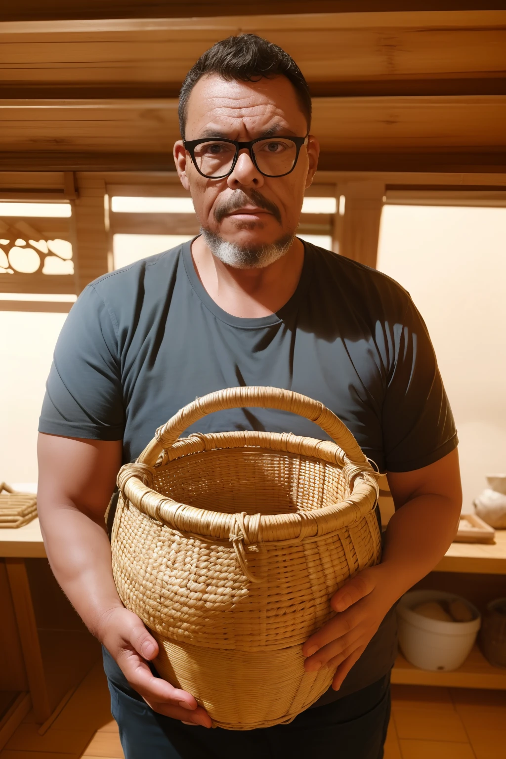 Studio photograph of a man holding a basket made of straw and bamboo filled with beer bottles, (hiper-realismo :1.3), (fotorrealista, 8k, UHD: 1.3), (hiper detalhado :1.2), Studio photography with Chiaroscuro technique