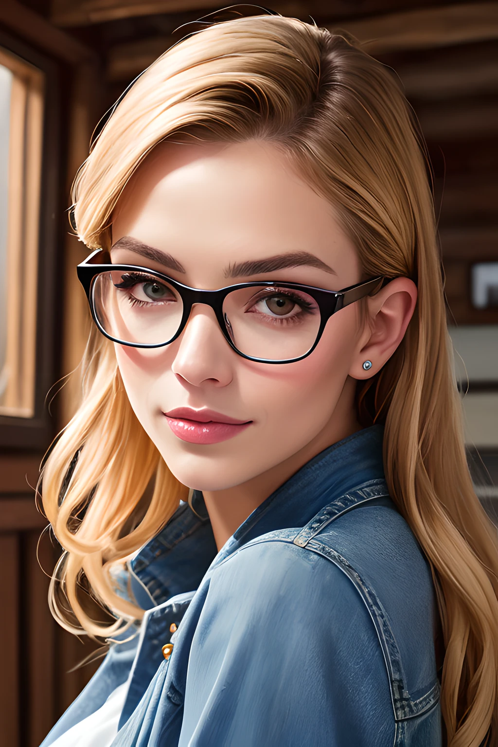 A photo of emb-babs, as a beautiful woman in a blue jeans jacket, wearing stylish glasses, in a ski cabin, (looking at the camera), photoshoot style, seductive expression, 8k HD, RAW, dslr, perfect features, flawless skin, skin pores, professional, masterpiece, (photorealistic:1.4), detailed, intricate, high resolution, detailed background, fcDetailPortrait, epiCRealism, OverallDetail.