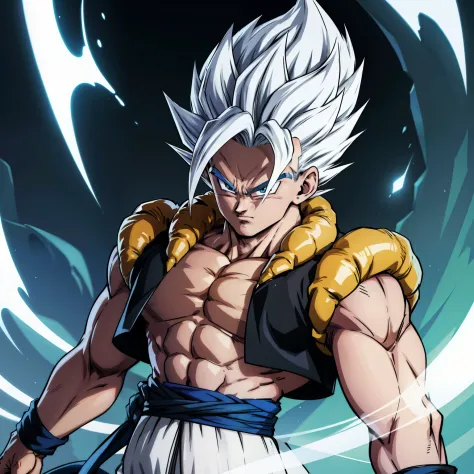 gogeta with white dyed hair and white eyebrow with a totally serious face