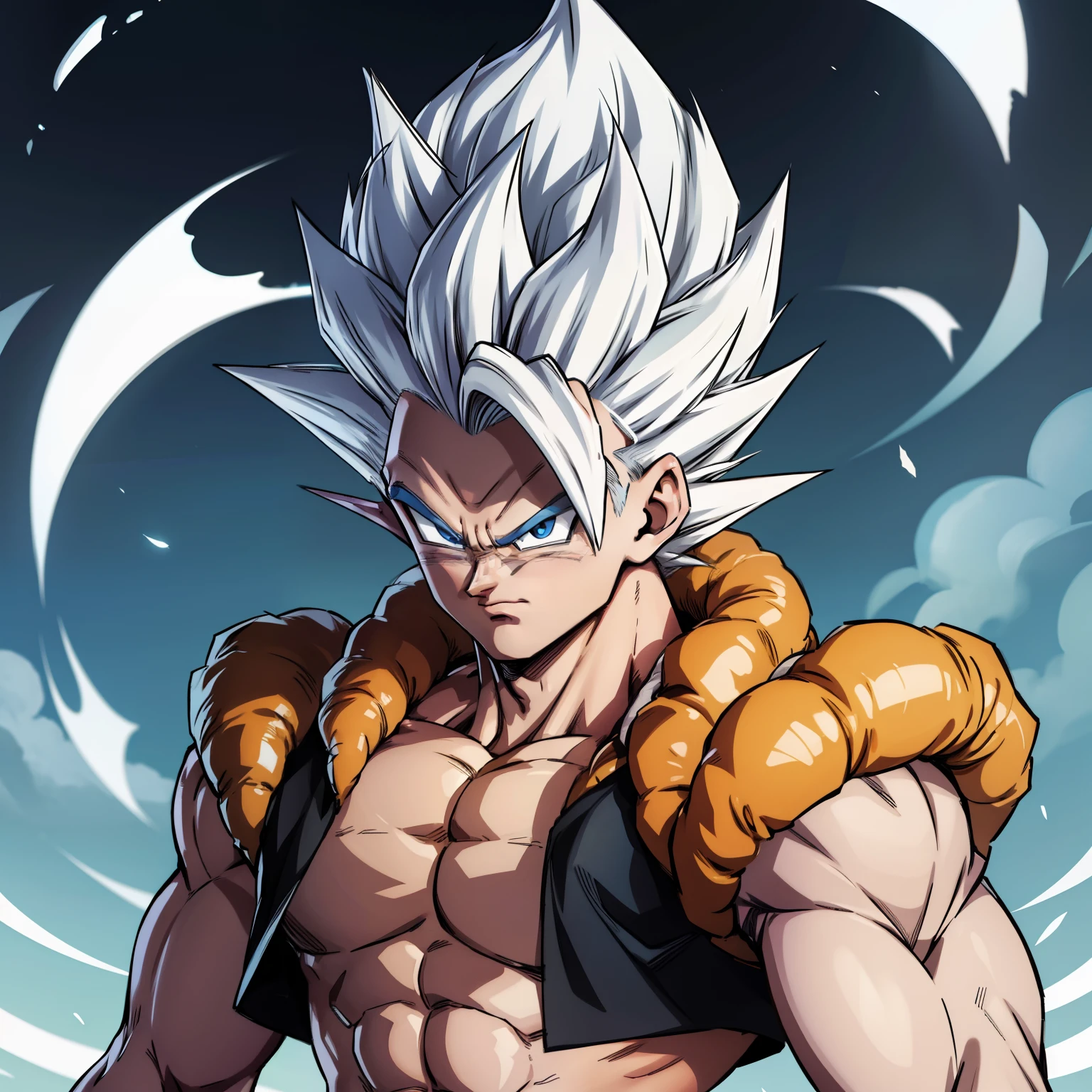 Gogeta with white dyed hair and white eyebrow with a totally serious face