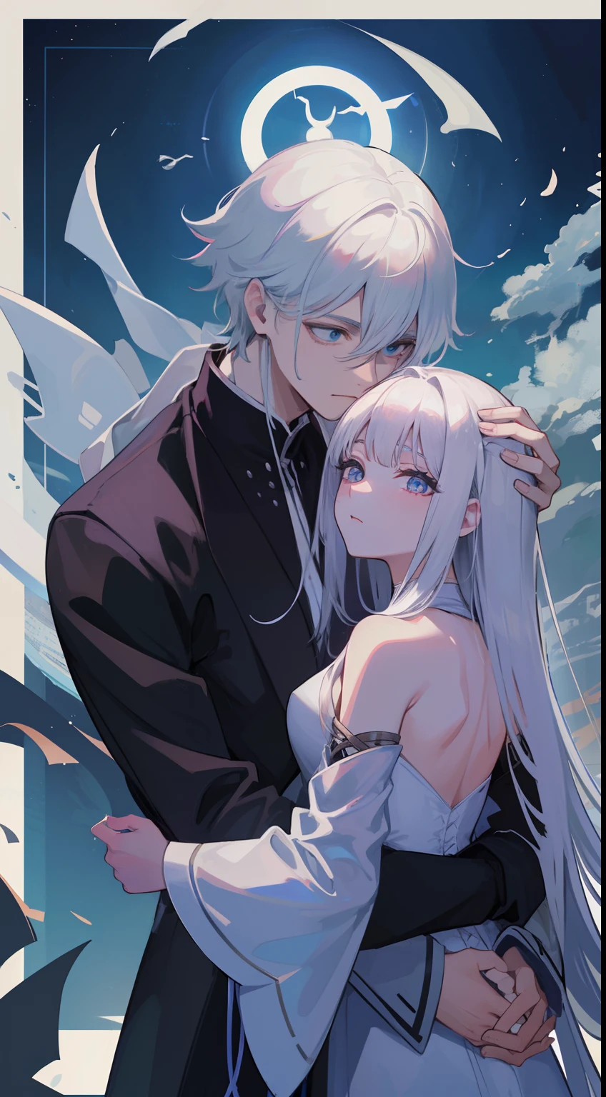 1man, Sharp blue eyes with sharp pupils, white sharp hair and he was wearing black noble robes and, Intimate hugs and kisses with his lovely wife ((41 year old face))、Soul Level、Deep ties、make love、Naruki and Keiko、rays of moonlight、Parallel worlds、Connections from past lives、integration