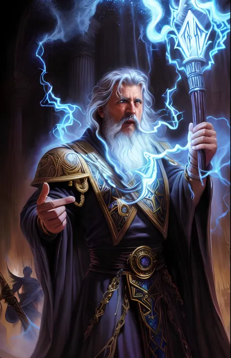 a painting of a wizard holding a staff and a lightning bolt, Velho Archmage masculino, an arcane wizard casting a spell, Arquima...