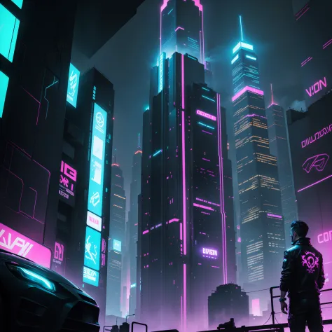 "Neon abyss, glowing and vibrant, a futuristic cityscape, filled with shimmering lights, towering skyscrapers, and bustling streets, an otherworldly atmosphere, neon signs illuminating the dark, a mysterious figure in the shadows, graffiti-covered walls, r...