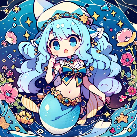 Chibi:1.2、(hightquality、ultra detailed to hand)、Under the sea、Mermaid tail、Blue eyes of the sea(eye detailed)、lightblue hair、lon...