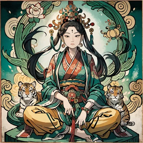 an ancient Chinese goddess, guanyin of the southern seas, Guanyin, Inspired by India, Avalokiteshvara rides a tiger，,Serene expr...