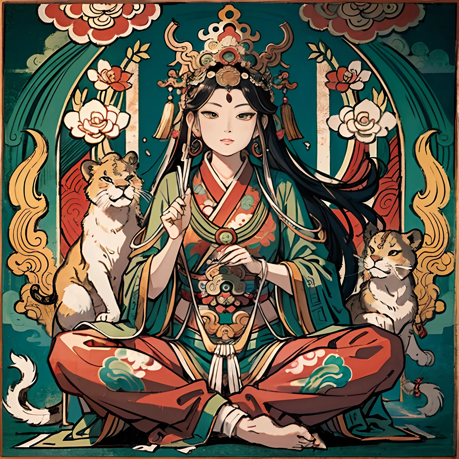 una antigua diosa china, guanyin de los mares del sur, Ganen, Inspirado en la India, Avalokiteshvara monta un león，,expresión serena,shui mo hua,Buda,Budista,loto,estilo de pintura china,estilo thangka