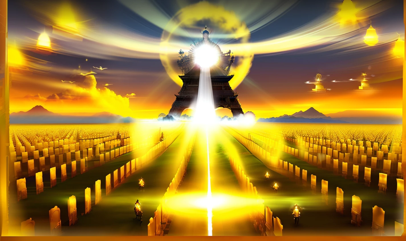 a group of people standing in a field with a light shining on them, Spirits coming out of a great throne, many beings walking about, seres de estrutura espantosa, Os Annunaki Fazendo Humanos, seres de tecnologia luminosa, Abrindo um portal brilhante, heavens gate, gold gates of heaven!!!!!!!!, she is arriving heaven, Segunda vinda, energetic beings patrolling