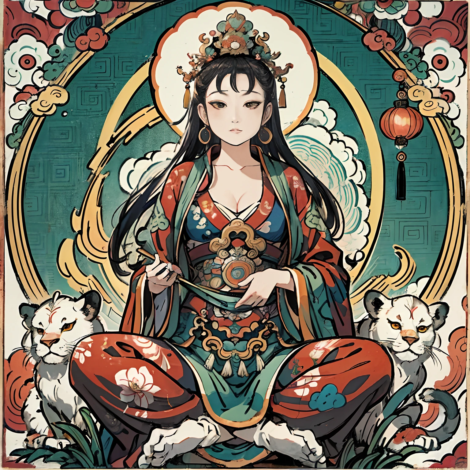 eine alte chinesische Göttin, Guanyin der südlichen Meere, gewinnen, Inspiriert von Indien, Avalokiteshvara reitet auf einem Löwen，,heiterer Ausdruck,Shui Mo Hua,Buddha,Buddhist,Lotus,Chinesischer Malstil,Thangka-Stil