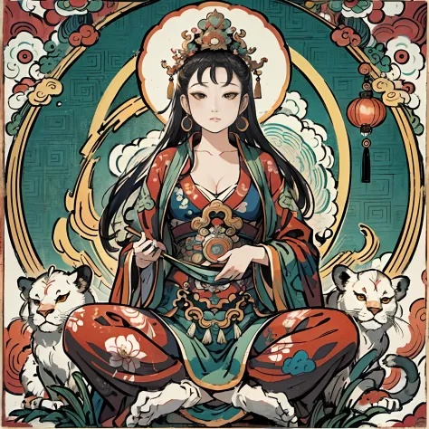 an ancient Chinese goddess, guanyin of the southern seas, Guanyin, Inspired by India, Avalokiteshvara rides a lion，,Serene expre...