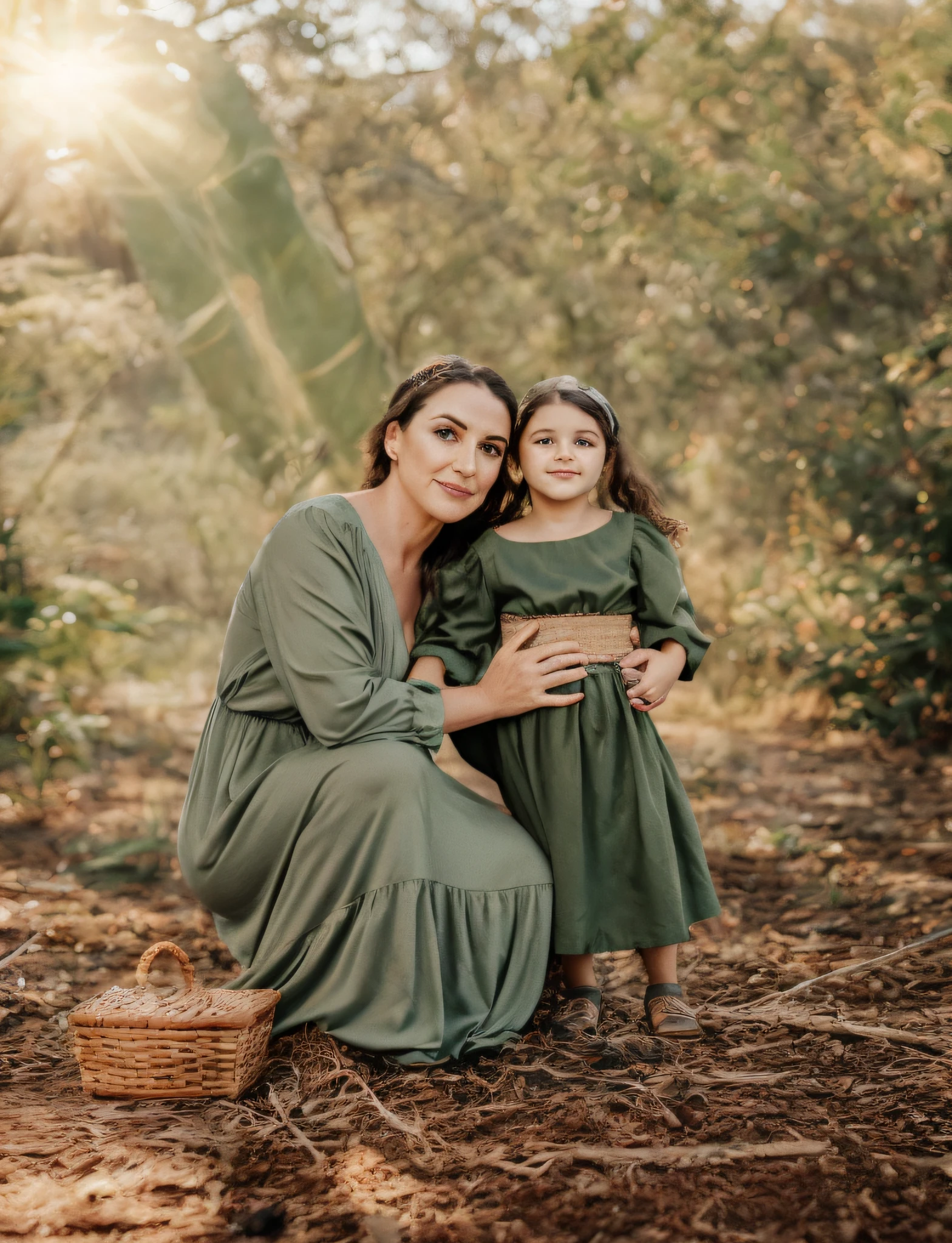 Araffe mother and daughter in a forest environment, tiro de comprimento total, family photography, mid portrait, imagem retrato, foto de uma bela, full medium shot, Retrato grande, fotografia materna 4K, Olivia, organic dress, cor da pele da azeitona, classical portrait, 7 0 mm portrait, retrato de alta qualidade, Magic Hour Photograph, imagem de corpo inteiro, Domingo, olhos verdes, cabelos loiros, hora dourada, por do sol, ultra realista