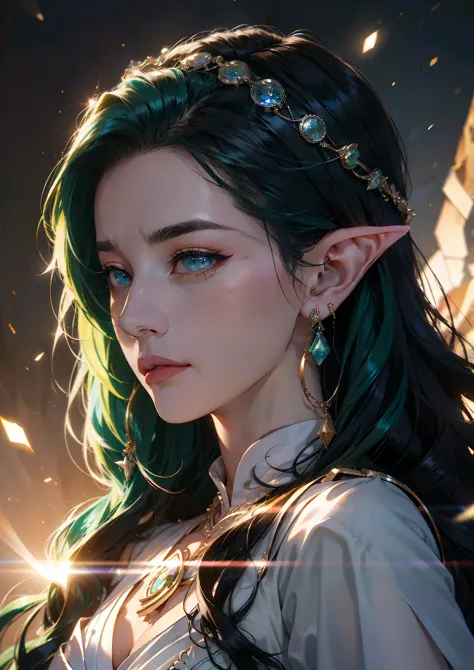 1girl in, elf-ears, Elven Princess, Green hair, Gradient Hair, Long hair, hair messy, Dreadlocks, hair clips, Hair Ornament, Jew...