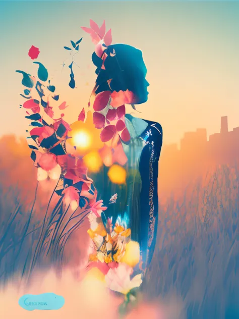 dublex style, woman [made of flowers:0.2], foliage city, [foliage foreground, city background:0.5]