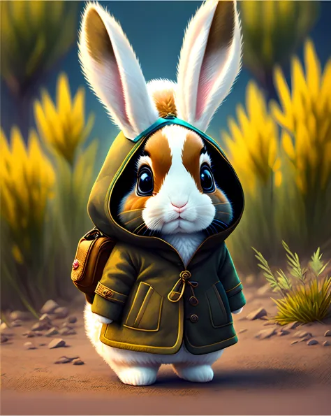 high-level image quality、realisitic、Rabbit、bunny rabbit、Realistic coat、2 head body、Wearing a shoulder pouch、Majestic nature in the background、Pixar Wind、high-level image quality、Explorer、Hunting Hat、Background blur