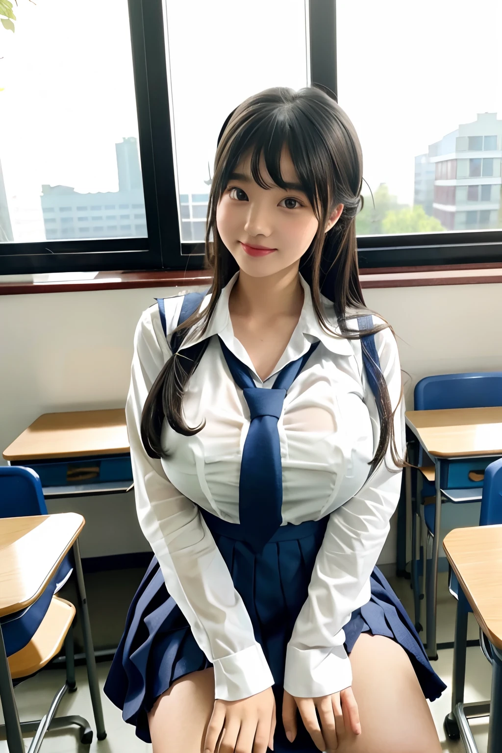 （A little  little girl），（Immature Slightly thin face），（Super swollen: Exaggerated scale: Swelling, Huge chest，super gigantic breasts），（Full clothing supported by breasts），long whitr hair，（Wear a tight Chinese white transparent school uniform,School pants），Waist less school shirt，See the bra through the ，Many people's classroom background, sit on chair，Pure temperament，ssmile，perfect  eyes, perfect hand，Ultra-high resolution, Movie Angle, Professional lighting, best qualtiy, tmasterpiece, Perfect focus，Background bokeh，realisticlying，Ultra-high ress fabric texture，8k eye details，8K pupils，