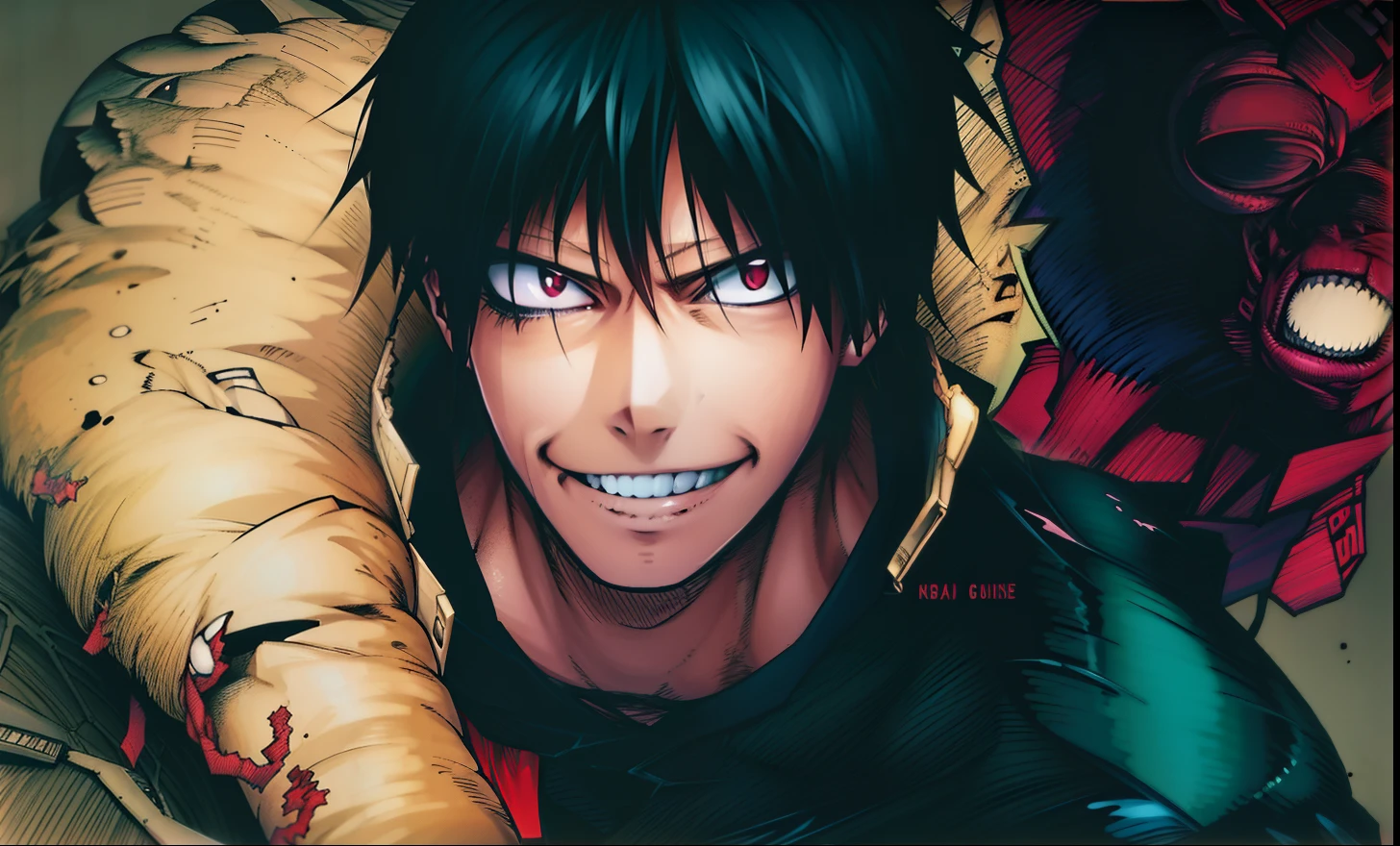 fushiguro toji, estilo anime, colorido fushiguro toji, 2d anime estilo, estilo anime 2d, cabelo realista, A close-up of a male anime person smiling with a Kaisen jujutsu curse on his shoulders, fushiguro toji de jujutsu kaise, jujutsu kaisen estilo anime, arte estilo jujutsu kaisen, com o rosto branco, cabelo preto, the curse is white and his clothes are black, sorrindo, anime 2d, jujutsu kaisen, sombreamento realista, coloring pulled to red, olhar maligno, sorriso maligno, manga-style