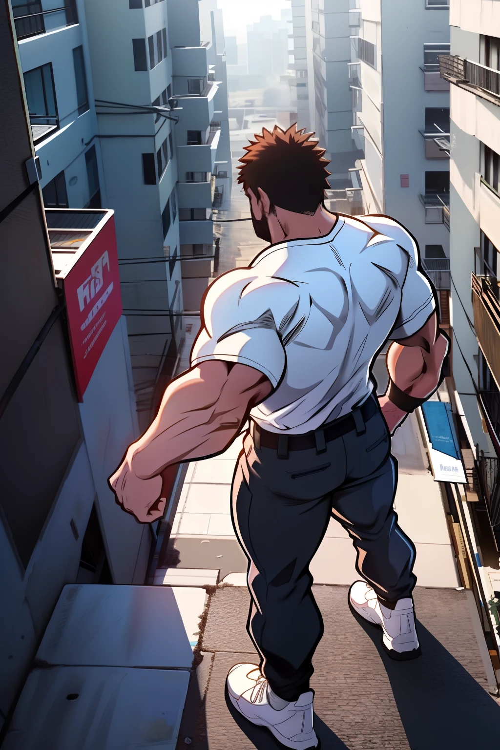 Generate anime-style art with a high-angle shot of a muscular male  character with his