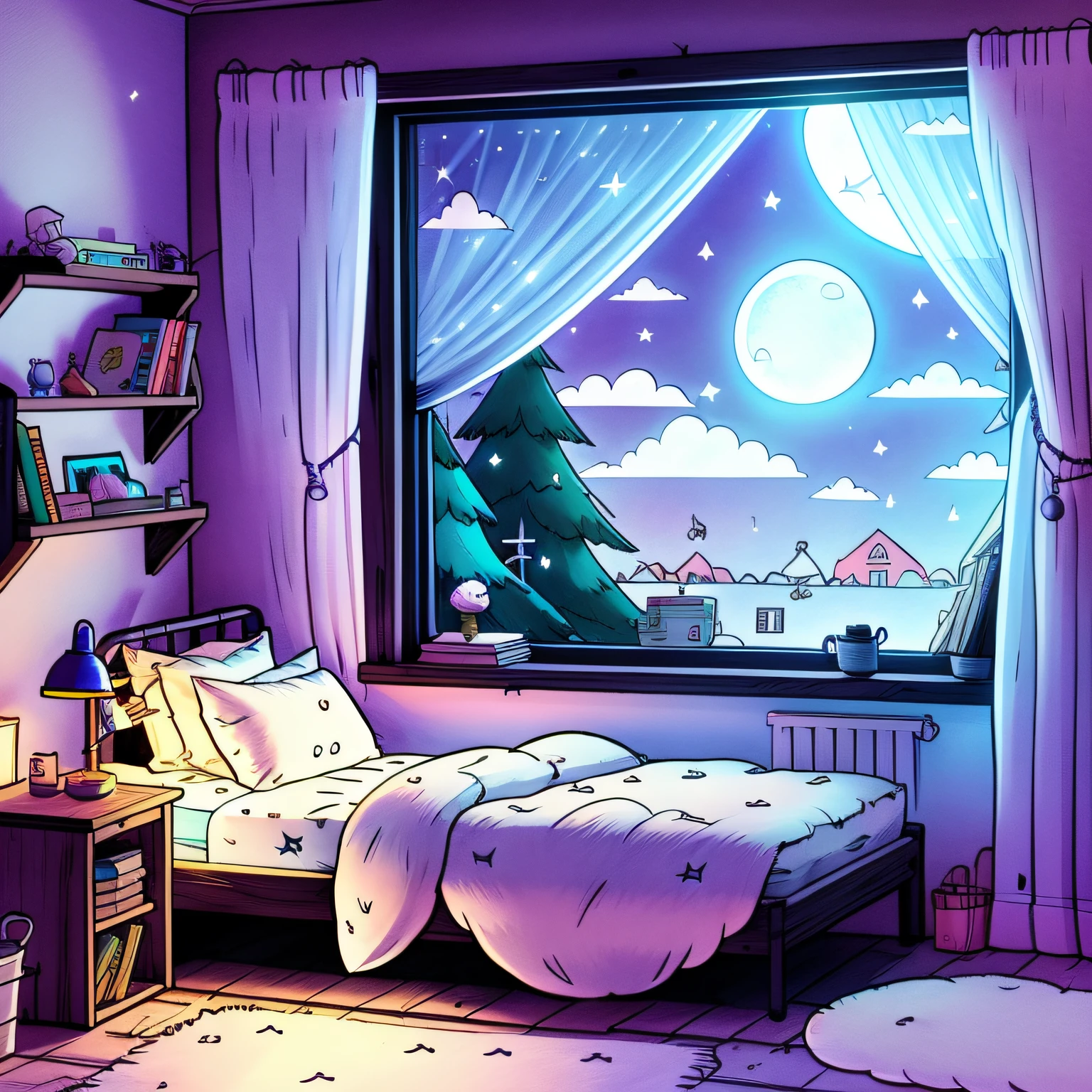 Cozy bedroom at night、Moonlight shining through the window、A detailed illustration、comic strip、Gravity Falls Style、personal computers、shoun、droid