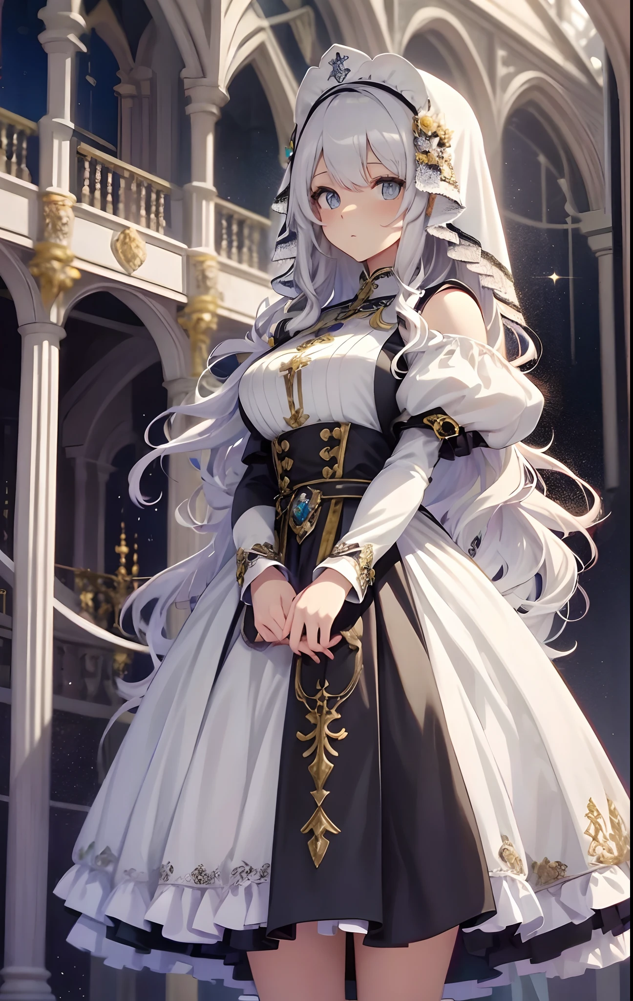 best qualityer，tmasterpiece，Ultimate resolution，downy，Extremely colorful，Colorful，saintess，silver-white long hair，curlies，a matural female，brassier，Nun dress，The kinky is exposed，cathedrals，Sanctuary，Normal posture