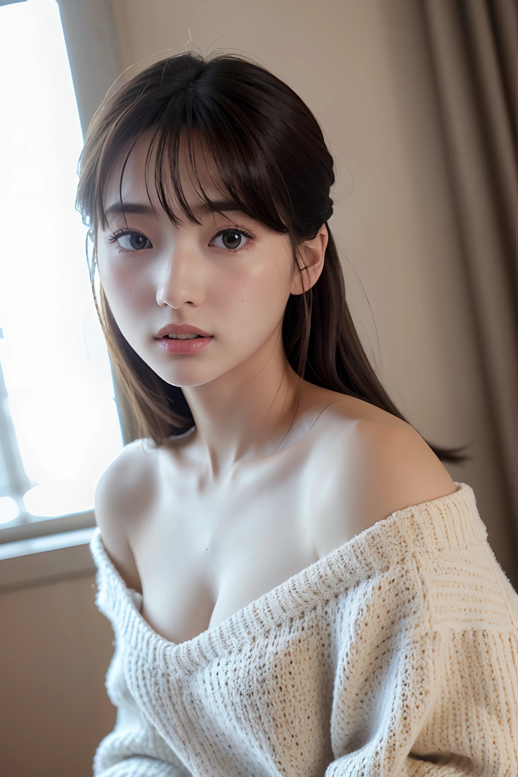 (8K)、(top-quality)、(masuter piece:1.2)、(realisitic)、(Photorealsitic:1.37)、ultra-detailliert、女の子 1 人、looking looking at viewer、cleavage of the breast、Off-the-shoulder clothing、Very large sweater