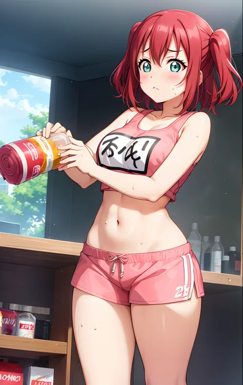 kurosawa ruby,pink crop top, white tight shorts,soaked in sweat,sweaty,  heavy breathing,red face,blunt hair,curvy body, standin...