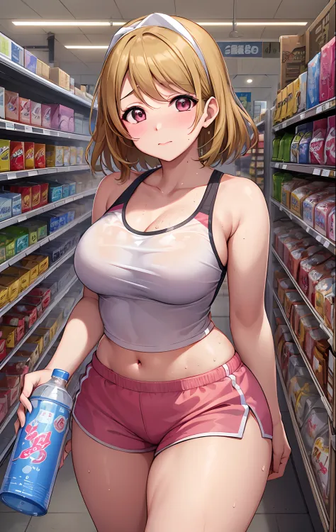 koizumi_hanayo,pink Crop top, white tight shorts,soaked in sweat,sweaty,  heavy breathing,red face,blunt hair,curvy body, standing in supermarket and holding water bottle