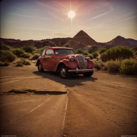 ((masterpiece)) analog photo, cinematic sunrise break
( red car:1.3) ,  in epic desert  landscape,   break
sandstone old  valley...