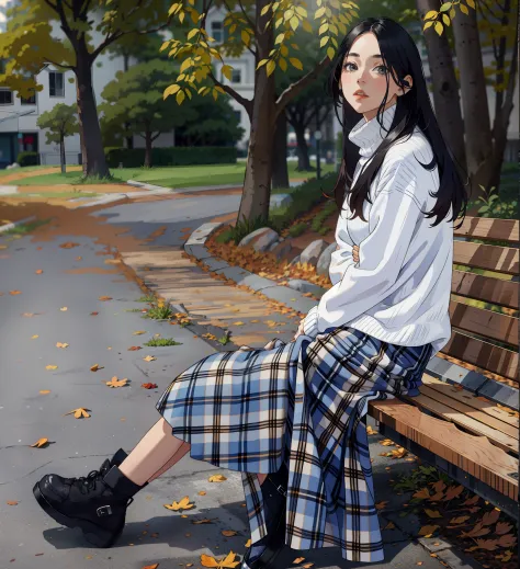 woman，white highnecksweater，plaid skirts