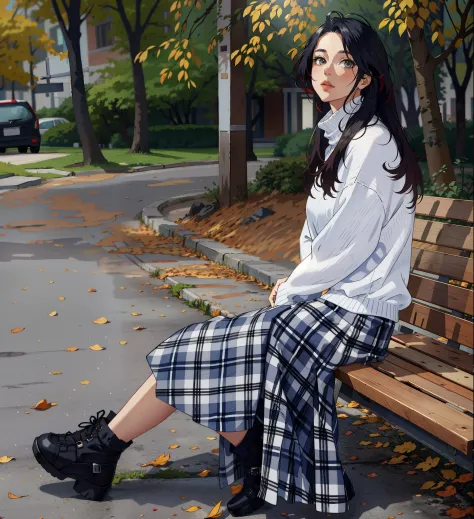 woman，white highnecksweater，plaid skirts