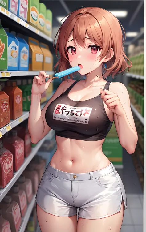 koizumi_hanayo,pink Crop top, white tight shorts,soaked in sweat,sweaty,  heavy breathing,red face,blunt hair,curvy body, standing in supermarket and eating popsicle