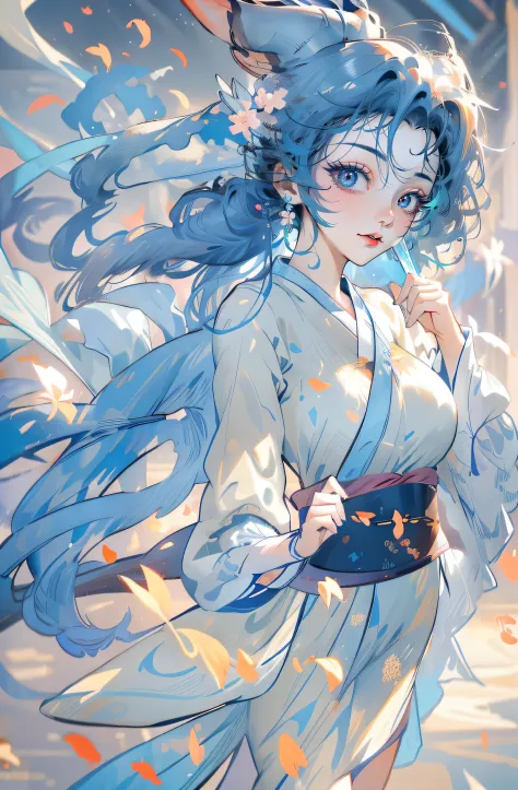 Mature girl ，blue hairs，Floating hair，Delicate and agile eyes，Blue pupils，Solid color Hanfu，fov，tmasterpiece，Petals flying，Front...