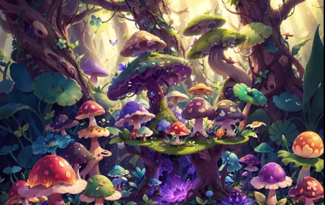 Mushroom forest with glass goblet，s fractal art，morning glory，butterflys，lotuses，four-leaf clover，morning glory，Cyber Mushroom Forest，Ultra-detailed digital fantasy art。Mushrooms are everywhere in the picture，The unique mushroom shape creates a magical cas...