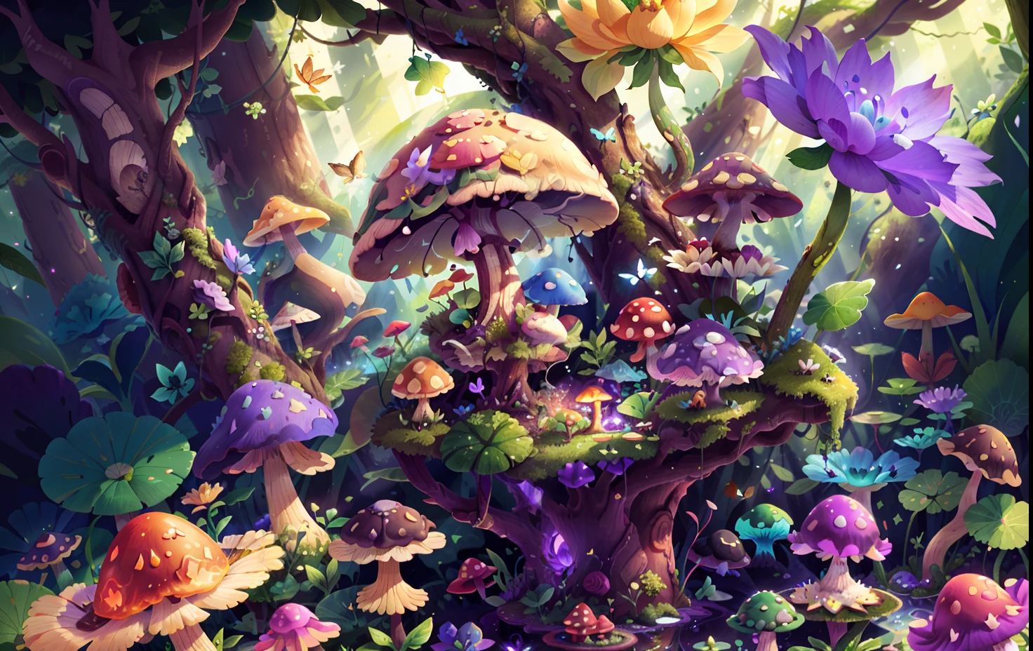 Mushroom forest with glass goblet，s fractal art，morning glory，butterflys，lotuses，four-leaf clover，morning glory，Cyber Mushroom Forest，Ultra-detailed digital fantasy art。Mushrooms are everywhere in the picture，The unique mushroom shape creates a magical casa scene