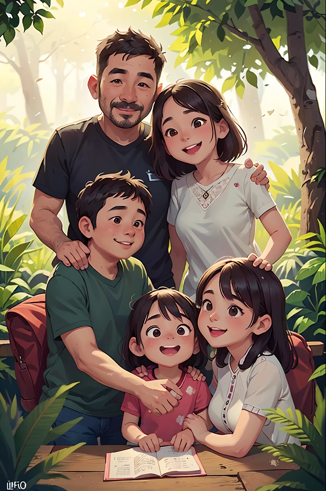 인도네시아 인, 가족 (아버지, 엄마와 딸), 웃다, 사랑, 행복한 집, 자연으로 둘러싸여 있습니다. 뛰어난 조명과 선명한 이미지가 있는 매우 상세한 일러스트레이션. 8K
