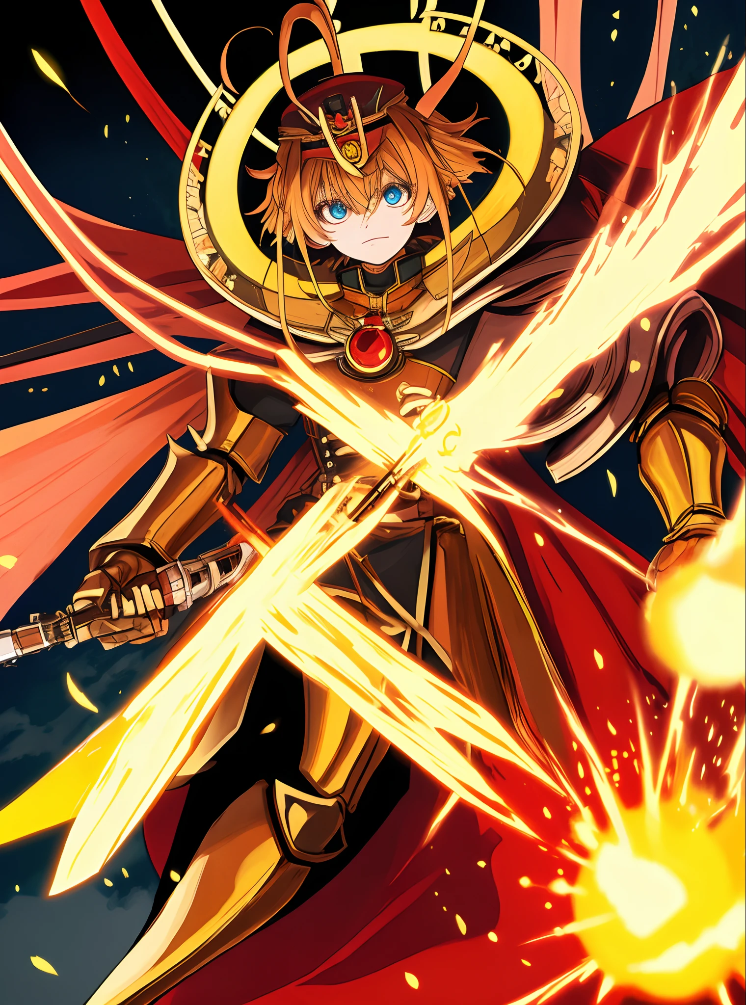 A beautiful CG game with the Doomsday theme as the main body, 超detailded, This is a complex structure in armor of the and yellow ,his hands hold a broad spear of heavy armor, militar, yellow military uniform, a burning red light: 1.2, eyes emit dazzling red light: 0.8, 3D two-dimensional drawing, the yellow military robe near his shoulders sways with the wind, anime drawing, clair obscur, light special effects, detailed and exquisite mecha, Military cap Mecha on head, light source in the eyes