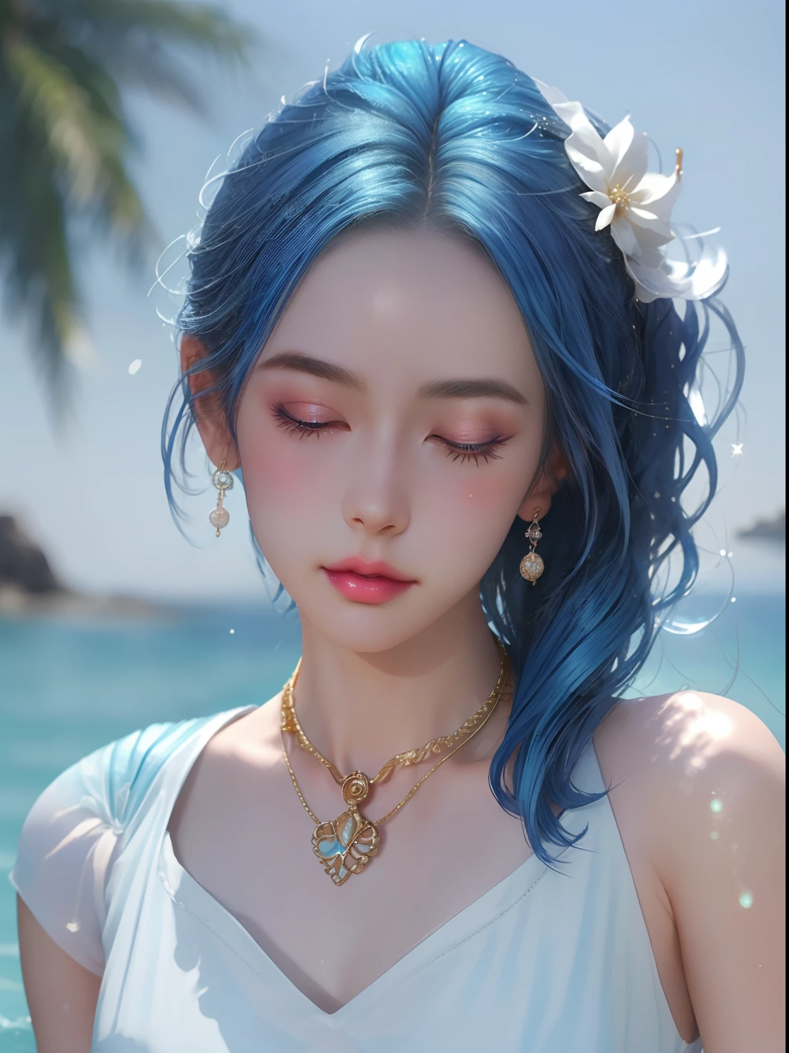 1girl in, Solo, Blue hair, (Swimming), (ocean), makeup, pink lipsticks, Parted lips, Closed eyes, Long hair, hair messy, Cute, Ultra-detailed, Illustration, Convoluted, Detailed, Extremely detailed, Detailed face, Soft lighting, Soft light, Soft Focus, Perfect face, Beautiful, accurate anatomy, Overexposure, 8K, 4K, (hight resolution:1.1), Best Quality, (masutepiece:1.3), (waist-up:1.1), flat chest, earrings, Gold Jewelry, Gold necklace, spark of light, Glow, (From below:0.5), Blue sky, ocean, llight rays, (White Dress:1.2), Wind